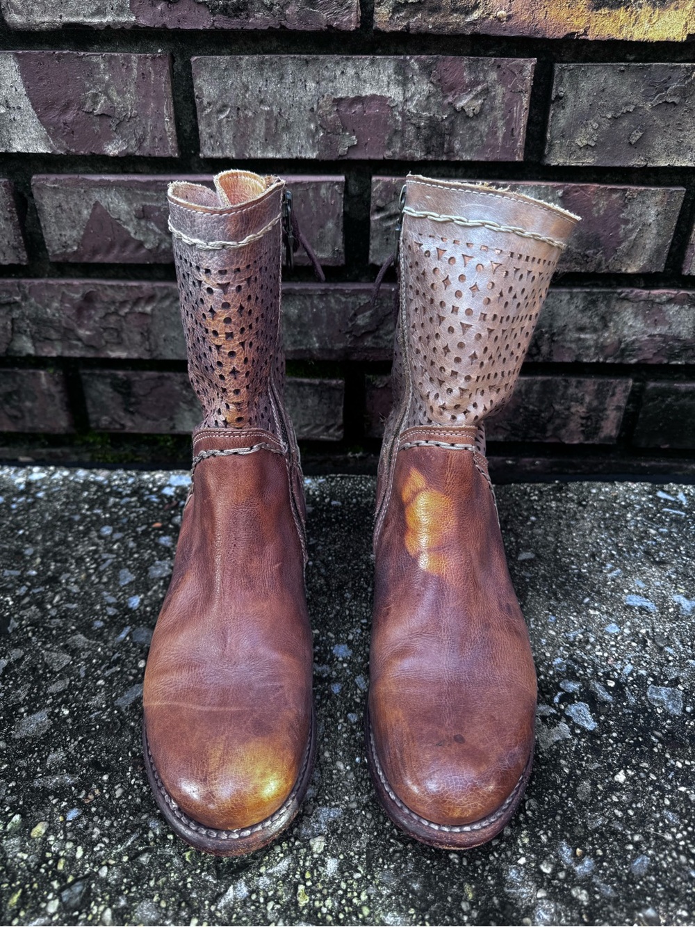 Women's Bed Stu  Brown Leather mid calf Perforated Zip Shaft Boots Size 7